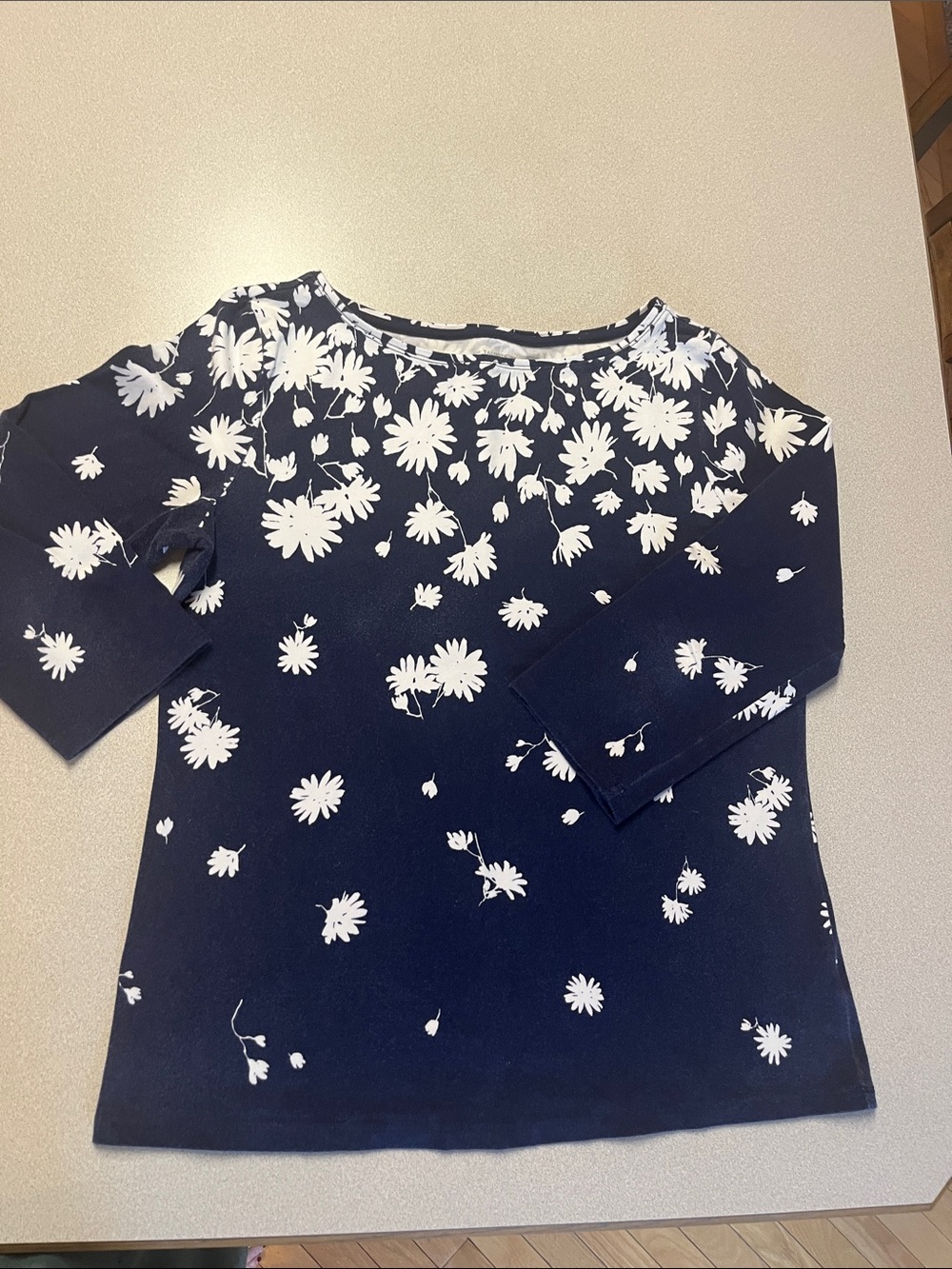 Talbots Navy Blue Floral Boatneck Long Sleeve Top